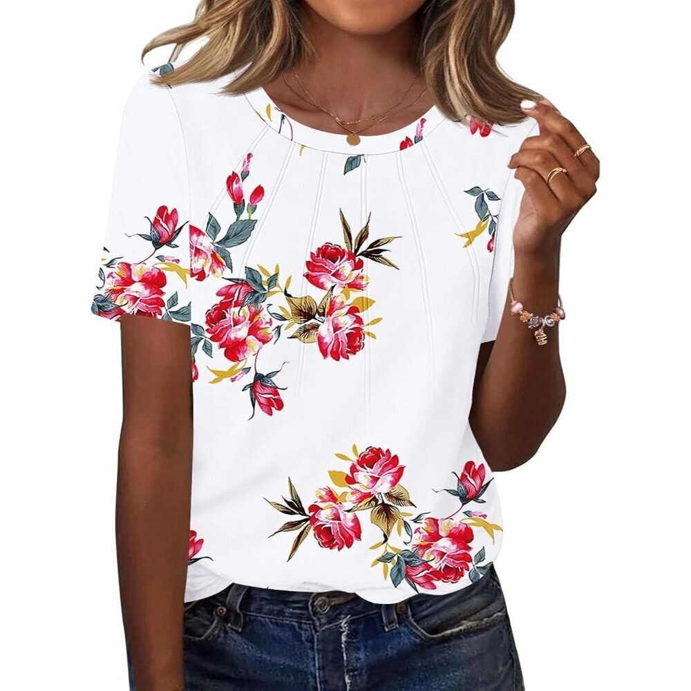 Womens Pleated Short Sleeve Top Polyester Rayon Spandex Casual Summer Wear